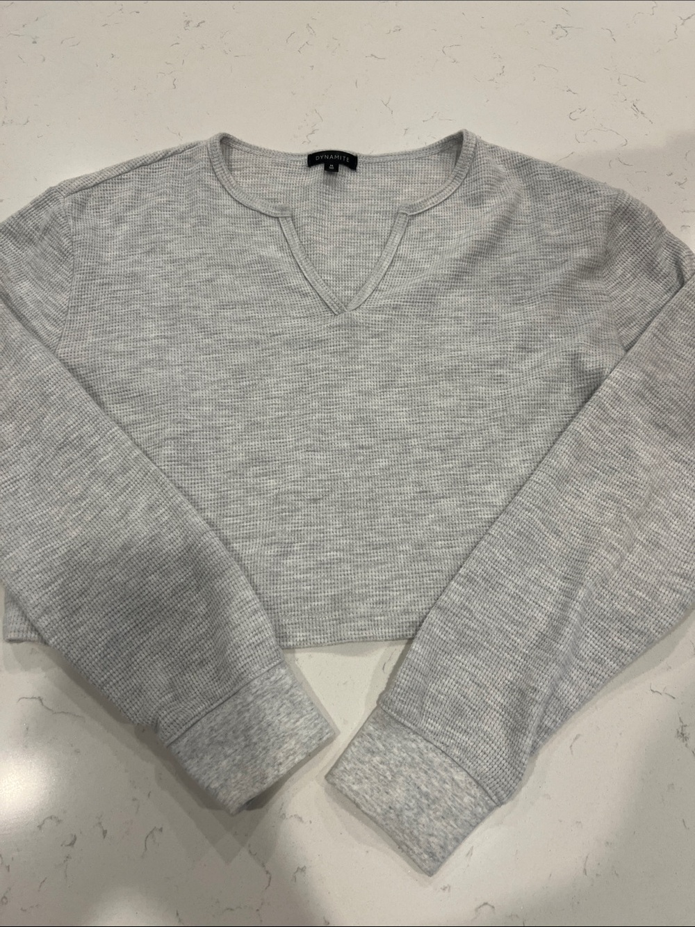 Dynamite Heather Gray Waffle-Knit V-Notch Cropped Pullover